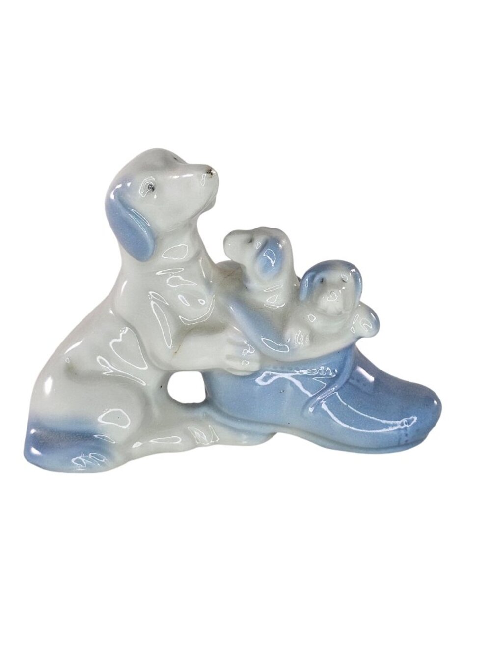Vintage Ceramic Dog Figurine With Puppies In Shoe Japan Blue & White Bone China